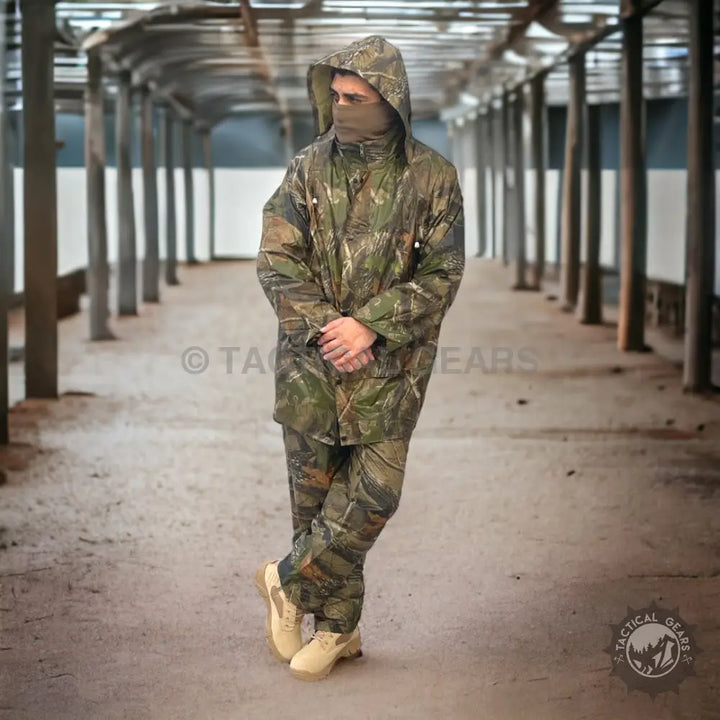 Full body camouflage hunting rain suit with hood and face covering for outdoor camo rain activities