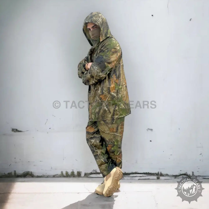 Full-body camouflage hunting rain suit with hood and face mask for outdoor camo rain protection