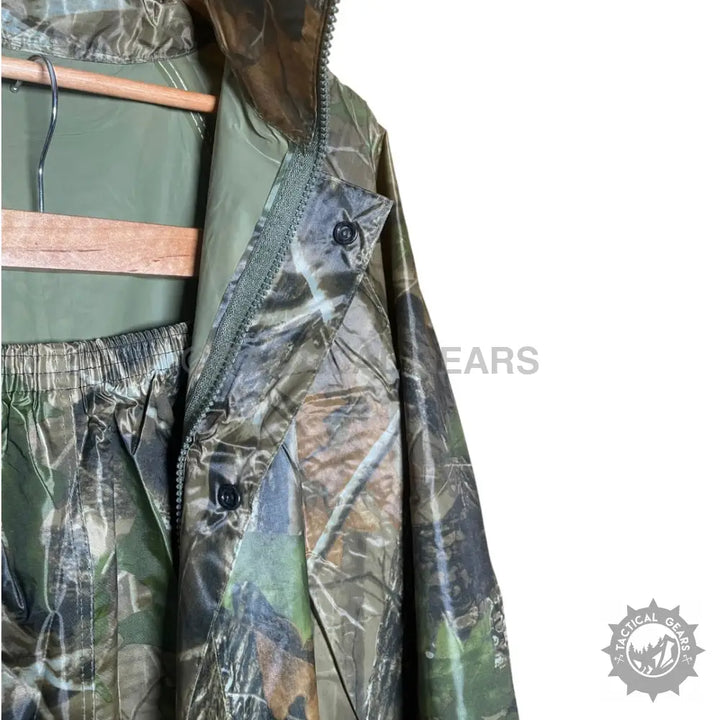 All Purpose Men’s Camo Rain Suit with zipper and snap closures for waterproof rain protection
