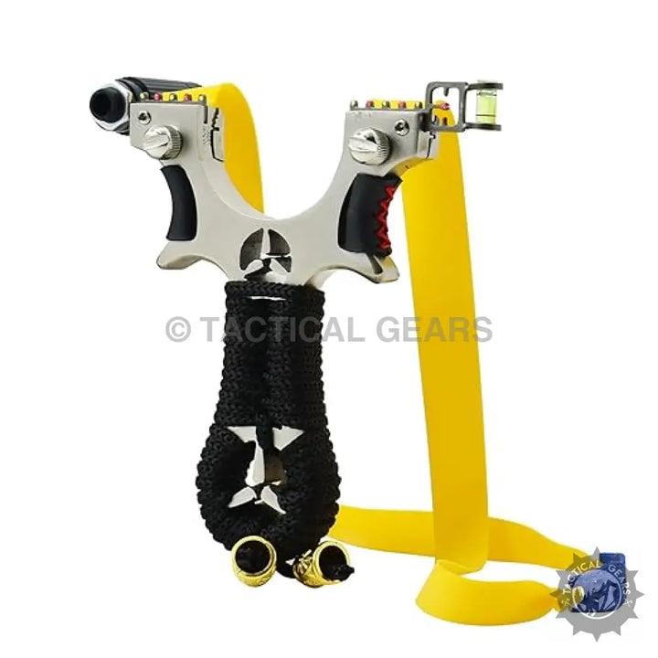 Silver alloy slingshot with laser light, yellow bands, black handle, ideal for target shooting