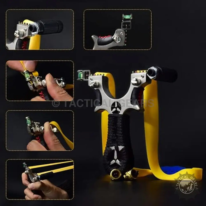 Alloy Slingshot with Laser Light for target shooting featuring black cord handle and yellow elastic