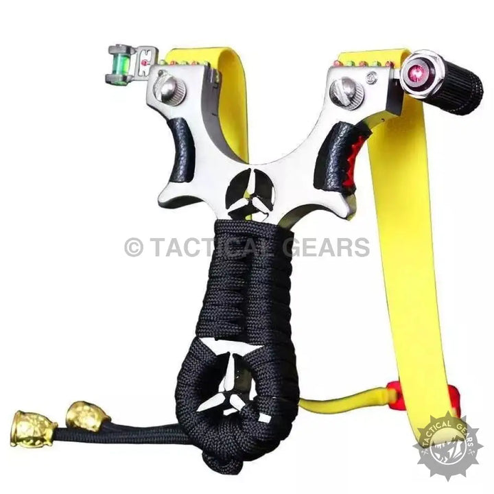 Alloy slingshot with laser light, bubble level, and black paracord handle for target shooting
