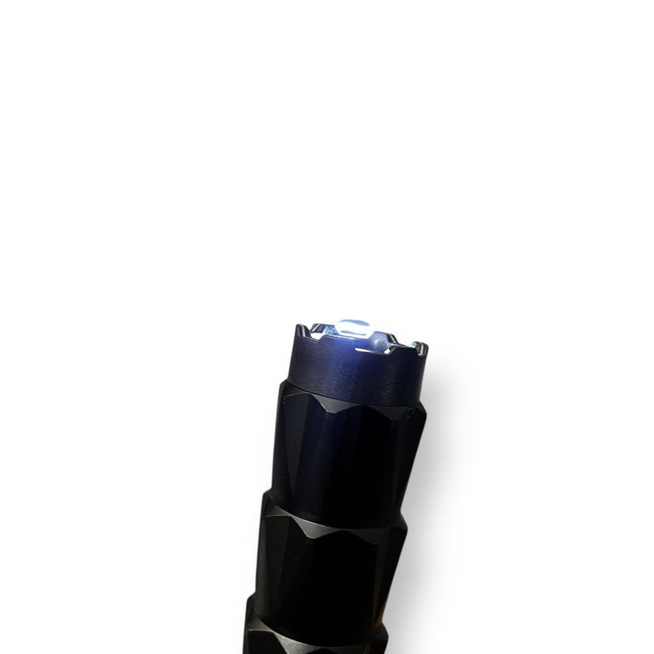 Black tactical aluminium electric self defense flashlight with illuminated head for safety
