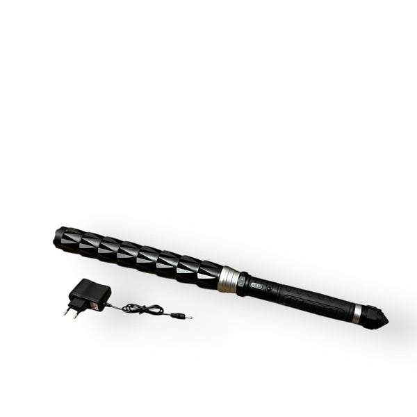 Black alloy electric baton with textured handle and charger for self-defense flashlight