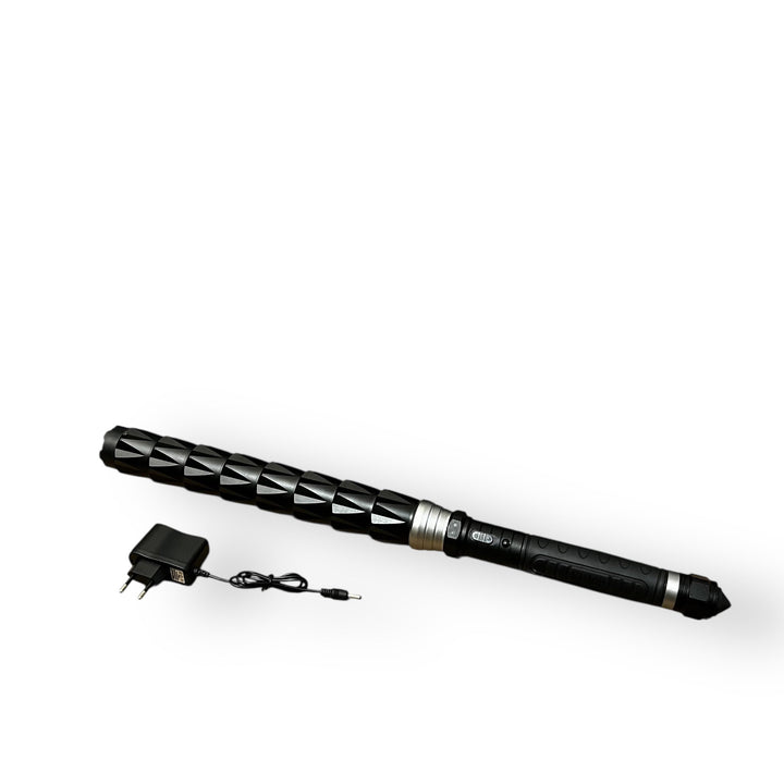 Black alloy electric baton with textured handle and charger for self-defense flashlight