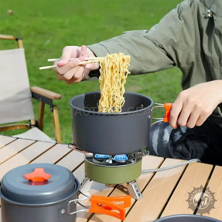 Portable camping stove with cooking pot and instant noodles in Aluminum 12PCS Camping Cooking Set