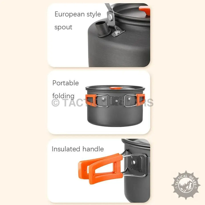 Dark gray camping cookware set with frying pan, kettle, orange handles for outdoor cooking