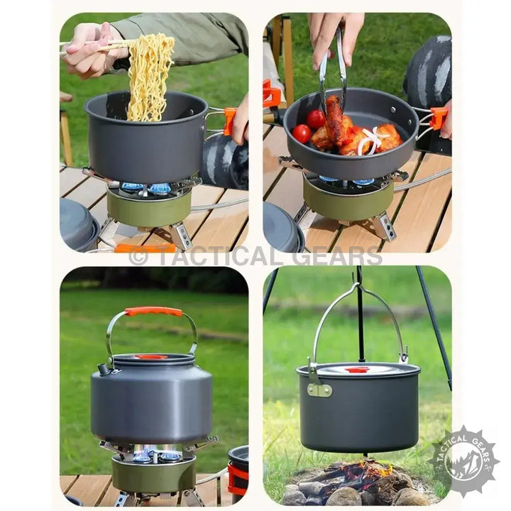 Aluminum 12PCS Camping Cooking Set with portable stove and frying pan for outdoor cooking