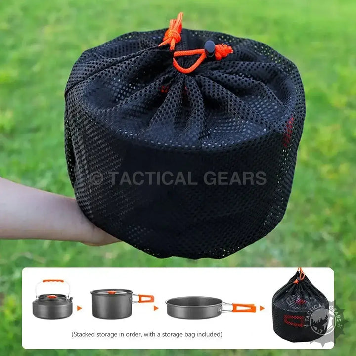 Aluminum 12PCS Camping Cooking Set with frying pan in black mesh bag for outdoor adventures