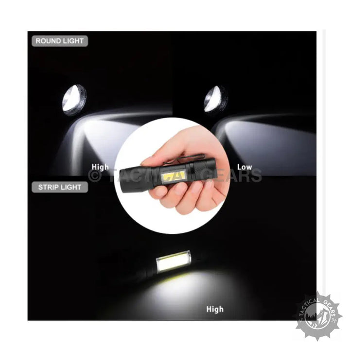 Multi-mode handheld flashlight with LED light, aluminum alloy body, and high-low brightness