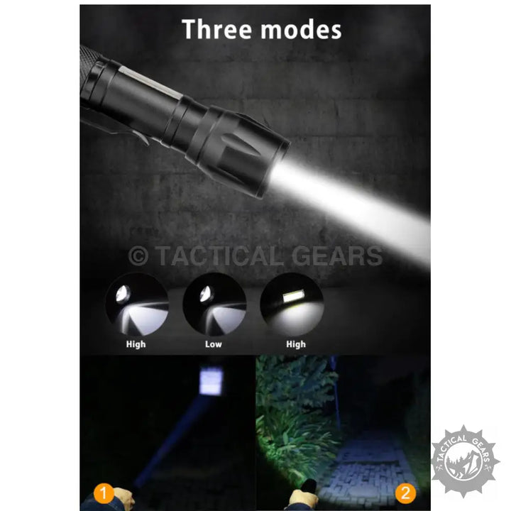 Black tactical flashlight with aluminum alloy body and LED light, three modes for versatile lighting