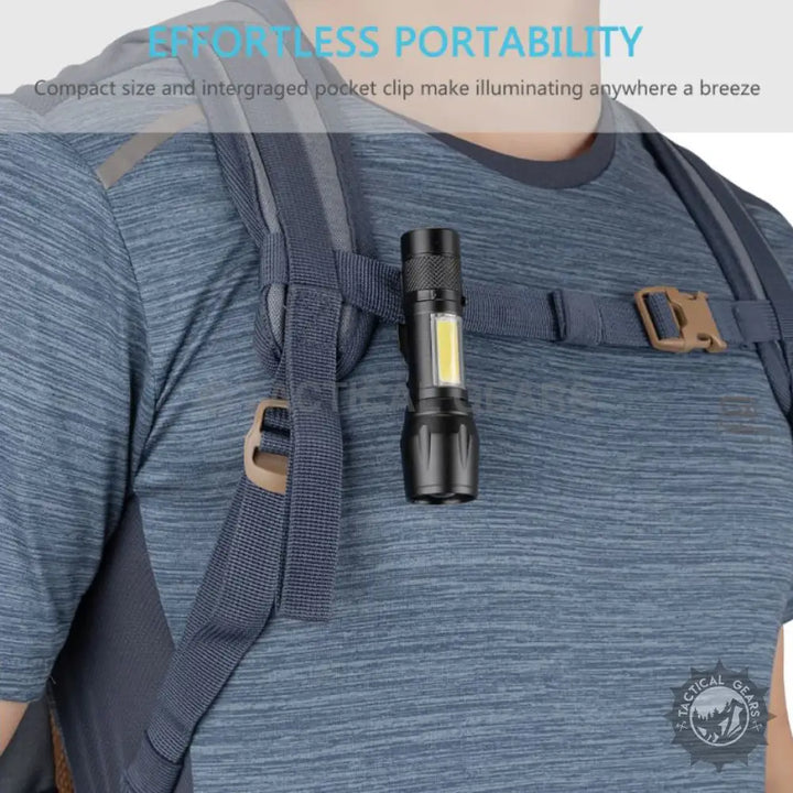 Black aluminum alloy Pocket Lumen Mini Lamp Torch with LED light on backpack strap