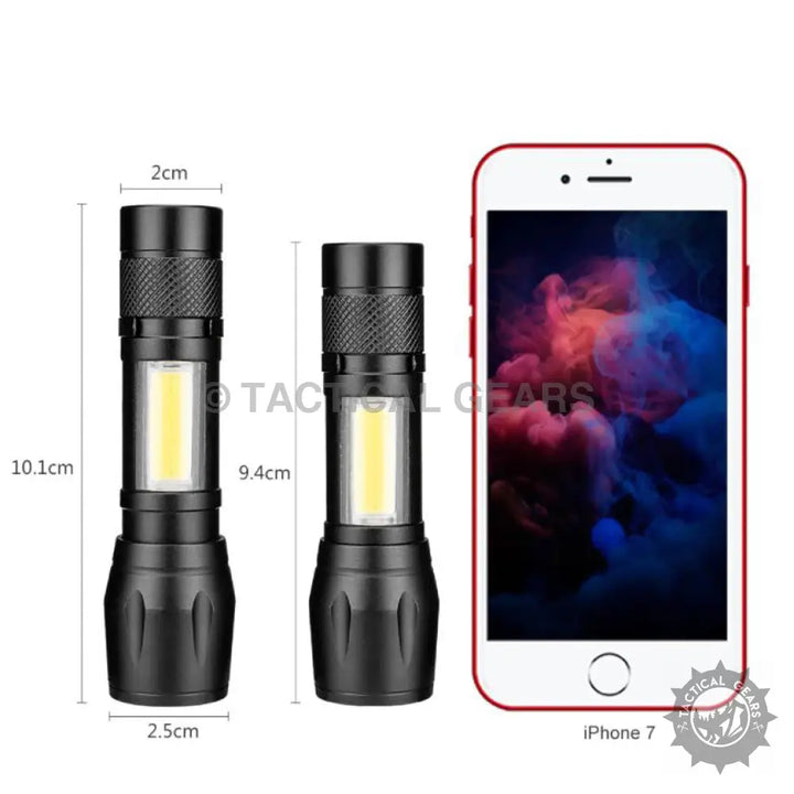 Compact aluminum alloy LED light flashlights with side COB lights and iPhone 7 for size comparison