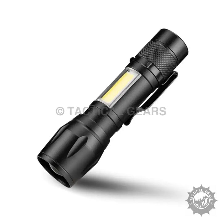 Black tactical flashlight with side COB light and pocket clip, made of aluminum alloy LED light