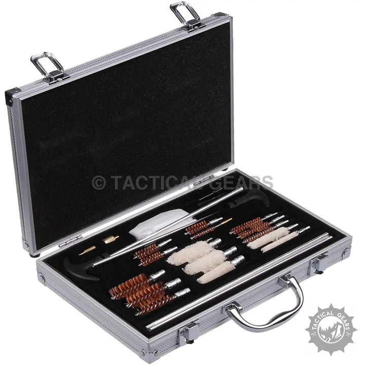Open silver-colored briefcase with universal cleaning kit including cal brush and cleaning mop