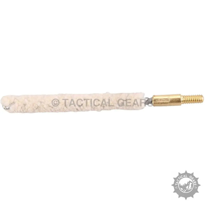 White cotton bore cleaning mop with brass threaded end for firearm cleaning in Universal Cleaning Kit