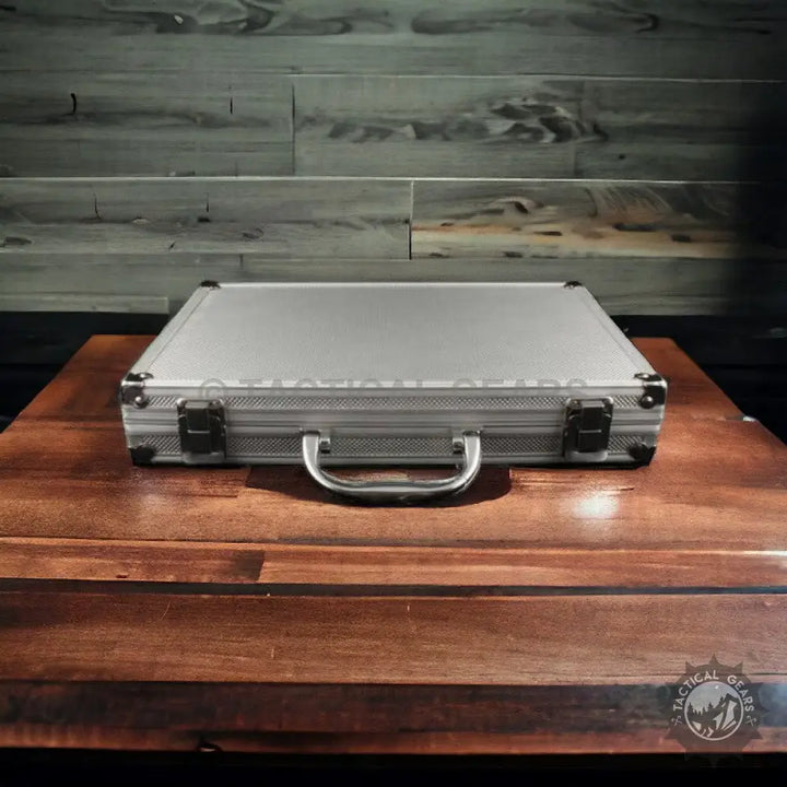 Silver briefcase with latches and handle for Universal Cleaning Kit including cal brush and cleaning mop