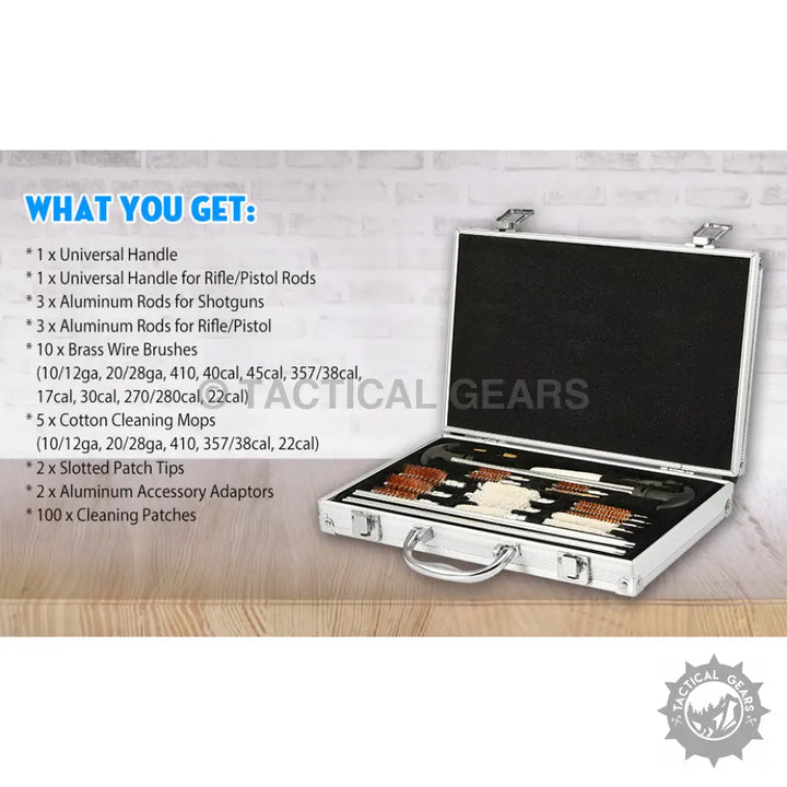 Universal Cleaning Kit with cal brush and cleaning mop in a silver metal case
