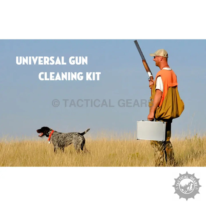 Universal Cleaning Kit with gun cleaning kit, cal brush, and cleaning mop in a metal case