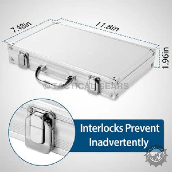 Silver aluminum briefcase with latches and handle for Universal Cleaning Kit including dimensions