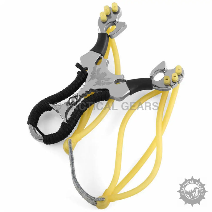 Aluminum slingshot for hunting with yellow elastic bands and black ergonomic grip