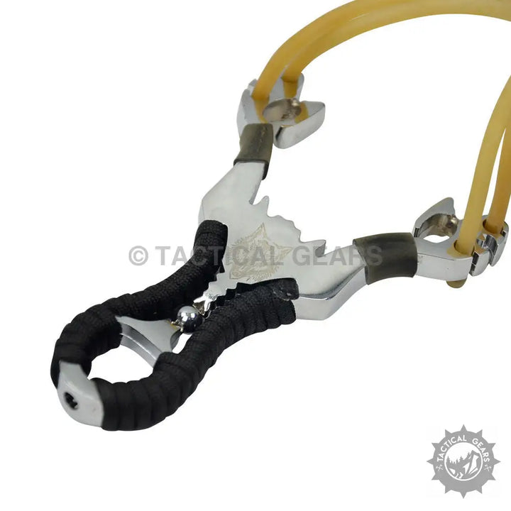 Aluminum slingshot with black ergonomic grip and yellow elastic bands for hunting
