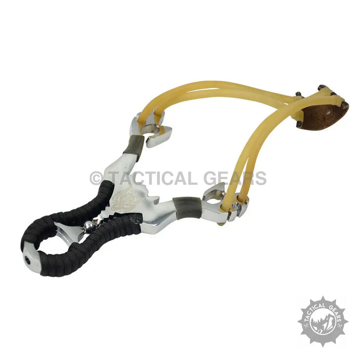 Aluminum slingshot with yellow elastic bands and black ergonomic grip for hunting