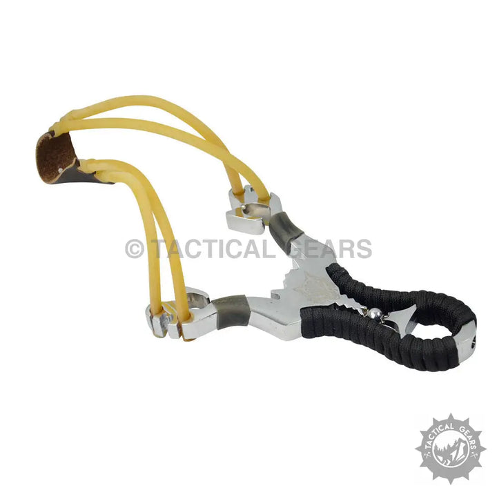 Aluminum slingshot with yellow elastic bands and black ergonomic grip for hunting