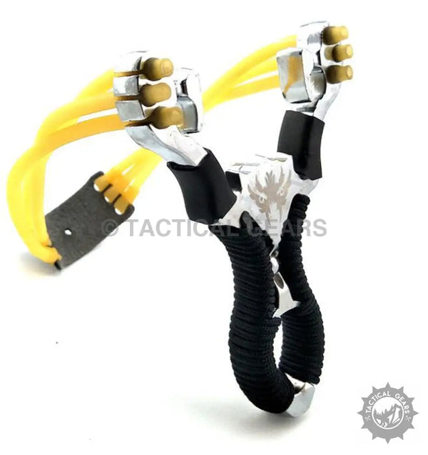 Aluminum slingshot with black ergonomic grip and yellow elastic bands for hunting
