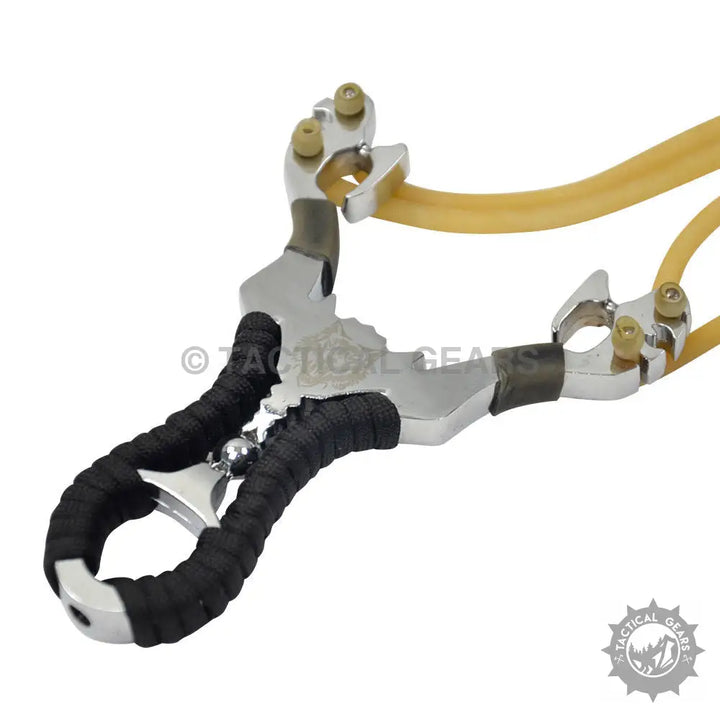 Aluminum slingshot with yellow elastic bands and black ergonomic grip for hunting