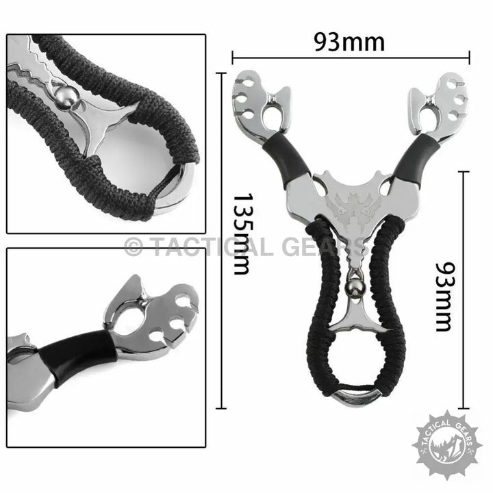 Stainless steel aluminum slingshot with black ergonomic grip and yellow elastic bands