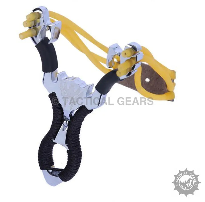 Aluminum slingshot with yellow elastic bands and black ergonomic grip for hunting