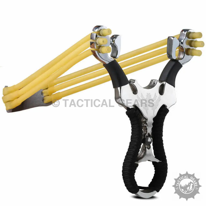 Aluminum slingshot with yellow elastic bands and black ergonomic grip for hunting