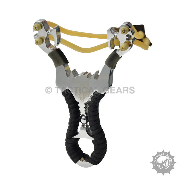 Aluminum slingshot with yellow elastic bands and black ergonomic grip for hunting
