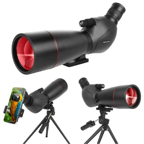 Black Landview 75x80 spotting scope with red lens, phone adapter, and tripod setup