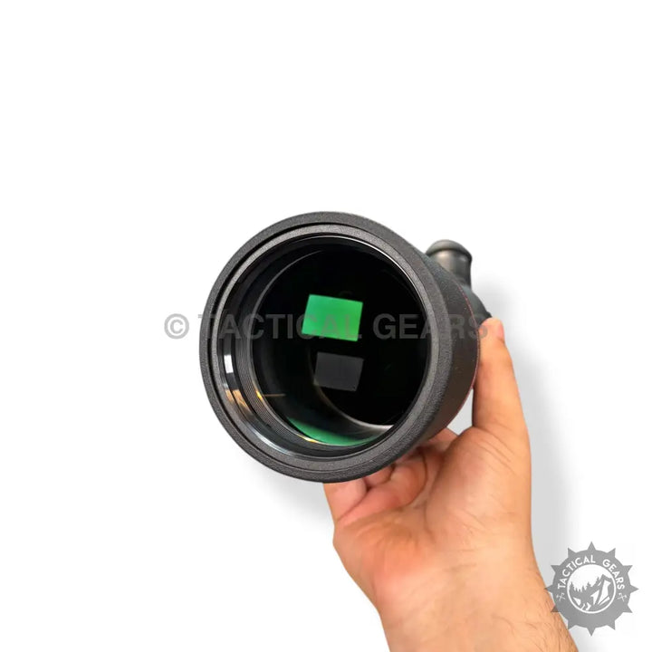 Black optical spotting scope with green-tinted lens for 75x80 spotting scope viewing