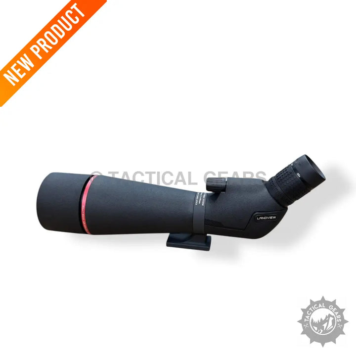Black angled 75x80 spotting scope with red ring accent, phone adapter, and carrying bag