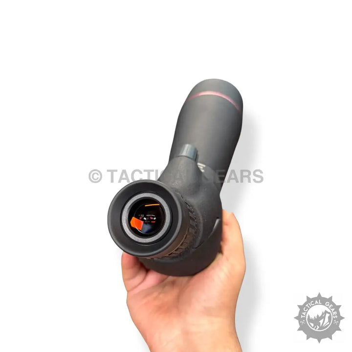 Black angled 75x80 spotting scope with red ring, eyepiece, phone adapter, and bag