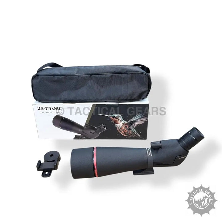 Black 75x80 spotting scope with carry bag and phone adapter for outdoor viewing