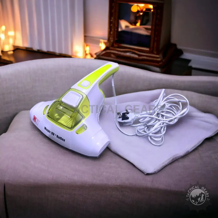 White and lime green Anti Mite Vacuum Cleaner with clear dustbin and coiled cord