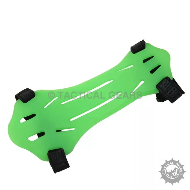 Bright green archery arm guard with black elastic straps for bow shooting protection