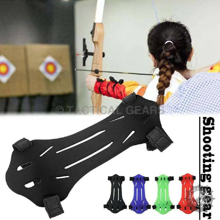 Black Archery Bow Arm Guard with Blue, Green, and Red color variations for arm protection