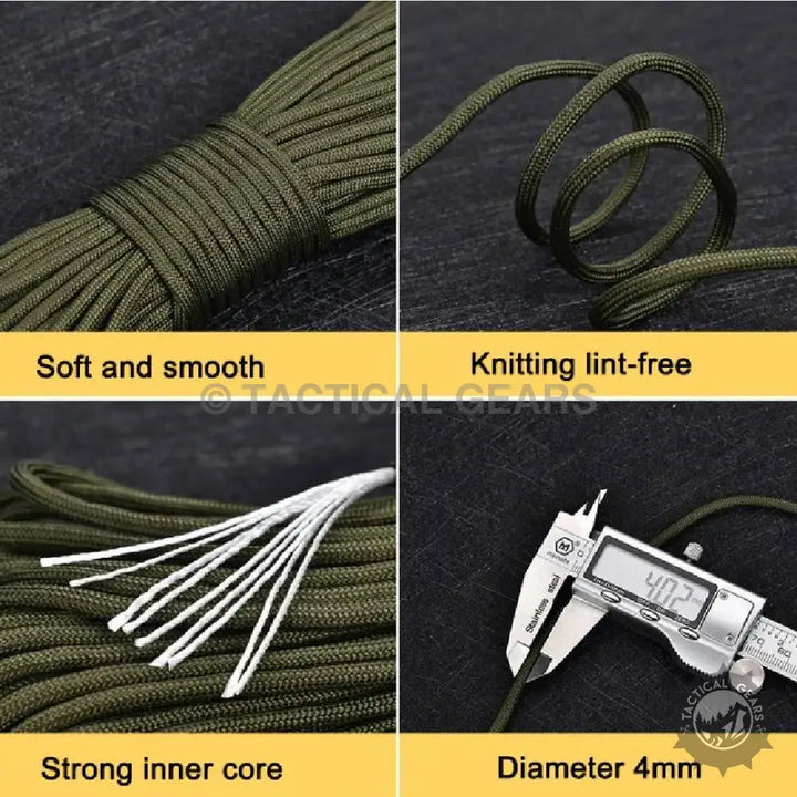 Green 4mm paracord rope with a strong inner core, soft, smooth, and lint-free, 35 meters