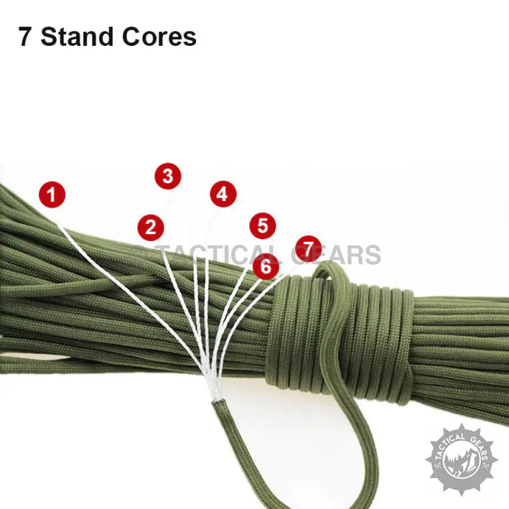 Olive drab 4mm paracord rope with seven white inner strands for versatile outdoor use
