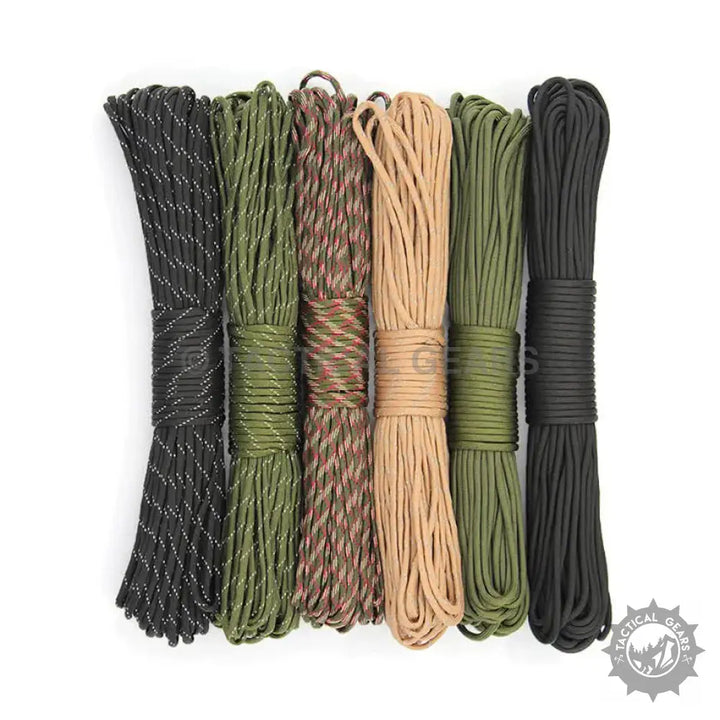 Six bundles of colorful 4mm paracord rope in various patterns for crafting and outdoor use