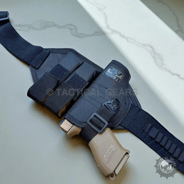 Black tactical belt holster with magazine pouches and tan pistol for tactical belt use