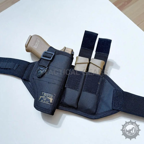 Black tactical belt holster with tan pistol and magazines for Baaz Tactical Belt Holster – 9mm