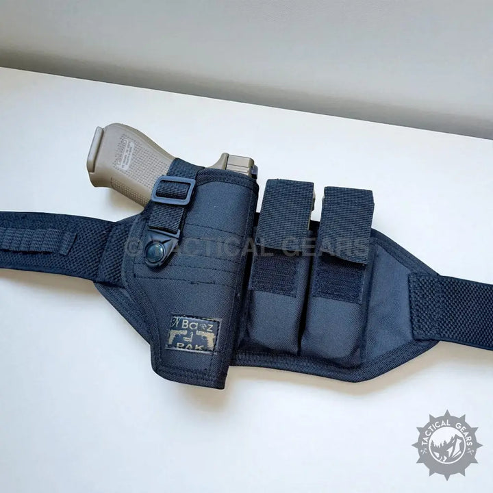 Black tactical belt holster with tan pistol and magazine pouches for Baaz Tactical Belt Holster – 9mm