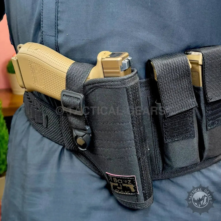 Tan tactical belt holster with magazine pouches on a tactical belt for 9mm firearms