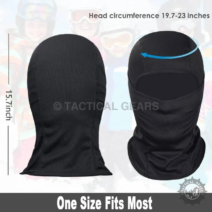 Black balaclava neck gaiter with size dimensions and head circumference info